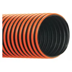 This reinforced thermoplastic rubber duct hose is designed for air handling in industrial ventilation, fume extraction, and dust collection systems. It has a 6 in inner diameter, 25 ft length, and a temperature range of -60° to 270° F. The hose is black with orange stripes.