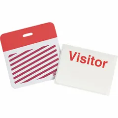 Red vinyl clip-on ID badge for temporary visitor identification. Each badge measures 2 inches high by 3 inches wide with a red legend on a red background. Pack of 500. Suitable for use in facilities requiring quick visual identification of non-employees.