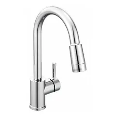 This single-post kitchen faucet is constructed from brass with a chrome finish. It is designed for deck mounting using one mounting hole. The gooseneck design and pull-out spray head facilitate rinsing and filling tasks in residential or light commercial kitchen sink applications.