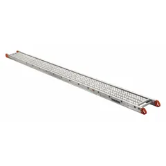 This aluminum scaffolding platform from the P Series features a silver finish with an aluminum deck and frame. It includes ergonomic, easy-grip molded handles for improved portability. Suitable for providing a stable elevated work surface in construction, maintenance, and industrial applications.