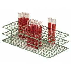 This steel test tube rack provides 72 places across 72 compartments for benchtop storage of test tubes. The green finish and steel construction offer a stable, organized solution for laboratory sample handling.