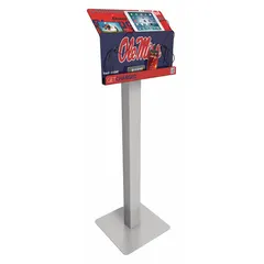Pedestal-style charging station with an overall height of 54 inches. Includes four 9-inch Lightning cables and four 9-inch Type C cables. Features a built-in tablet shelf. Suitable for commercial or public settings where multiple devices need to be charged simultaneously.