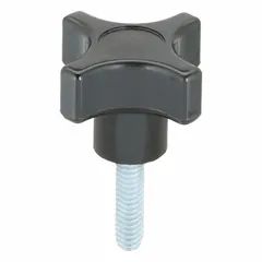 Four-arm knob with threaded stud for manual adjustment or clamping on industrial machinery and control panels. Thermoset construction provides heat resistance. Diameter 1.5 in, thread 1/4"-20.