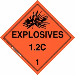 BRADY DOT container placard for identifying hazardous materials. Measures 10 3/4 in x 10 3/4 in with a label height of 10 3/4 in. Displays 'Explosives 1.2 C 1' message for Class 1 explosives. Used on containers in shipping and storage environments.
