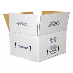 This 4-pack of white cardboard insulated boxes features 1.5-inch thick Styrofoam insert walls for thermal protection during transit. Each box has a 12 x 10 x 5-inch exterior. Suitable for shipping temperature-sensitive items such as pharmaceuticals, biologics, and perishable goods.