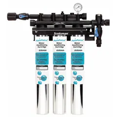 This SCOTSMAN water filter system is designed for ice machines and refrigerators to reduce dirt and rust particles. It features a flow rate of 6.3 gpm and an overall height of 25 1/4 inches. The filter helps protect equipment from sediment buildup in commercial kitchen and foodservice water supply lines.
