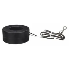 Solid core current transformer with a round window and wire lead connection. Rated for a maximum primary current of 250 A. Used for current measurement in power distribution panels, motor control centers, and energy management systems.
