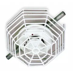 This steel smoke detector guard is designed for indoor wall-mount surface installation. It protects smoke detectors from vandalism and accidental damage. Includes mounting hardware. Overall depth: 8 1/4 in. Color: White.