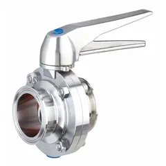 This 3-A certified butterfly valve features a 304 stainless steel body and disc with a lever handle and 12 stop positions. Designed for clamp connection, it has a maximum pressure rating of 145 psi CWP and an average surface roughness of ≤ 32 micron. Suitable for flow control in sanitary piping systems.