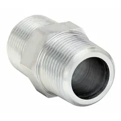 This steel adapter connects male BSPT threads to male NPT threads in high-pressure fluid systems. Rated for 6000 psi maximum operating pressure, it is suitable for hydraulic, pneumatic, and lubrication applications. Pipe size is 1/8 in x 1/8 in.