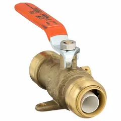 Brass straight ball valve with full port ball and push-to-connect ends for copper, CPVC, or PEX pipe. Lever handle for manual on/off control. Integrated drain port aids system maintenance and winterization. 3/4 in size.