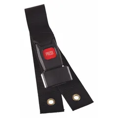 Nylon wheelchair seat belt safety strap with 7 in overall length and 5 1/2 in overall width. Designed to secure a seated occupant in a wheelchair, commonly used in healthcare and home care settings for patient safety during transport or daily use.