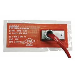 Silicone rubber heating blanket with adhesive backing for mounting on metal surfaces. Measures 24 in overall length, 6 in overall width, and 3/16 in thickness. Maximum operating temperature 232°C. Grounded and radiation resistant. Requires a controller for operation. Suitable for applying controlled heat in industrial processes.