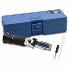 Analog handheld refractometer for measuring Brix (sugar content) in aqueous solutions. Range 0-10% Brix with 0.1% resolution and +/-0.1% accuracy. Features automatic temperature compensation. Suitable for field or laboratory use in food processing, beverage quality control, and agriculture.