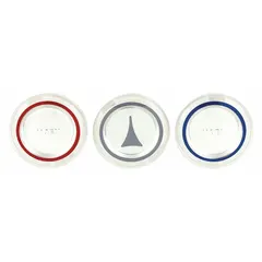 Metal faucet handle cap with blue symbol-style index for cold handle identification. Designed for cold, diverter, or hot handle types. Suitable for use in residential or commercial plumbing applications where handle labeling is required.