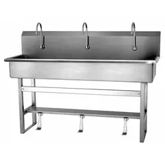 This three-station freestanding wash station with faucets is constructed from 16-gauge stainless steel. It features a 57-inch bowl length, 8-inch bowl depth, and a flow rate of 2 gpm. Suitable for commercial handwashing applications where multiple users require simultaneous access. Side splash is not included.