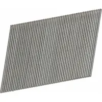 Collated finish nails with chisel point for clean entry in wood and composite materials. 2-1/4" length, 20-degree collation angle, 16-gauge thickness, galvanized for corrosion resistance. Suitable for trim, pin, finishing, and brad nailing applications