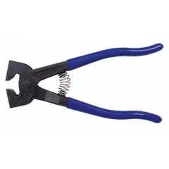Drop-forged tile nipper with tungsten carbide cutting edges and a plastic handle. Available in straight or diagonal configuration with 5/8 in cutting length. Used for cutting and shaping ceramic, porcelain, or stone tiles during installation or repair.