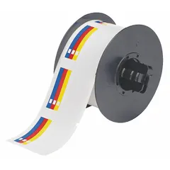 Vinyl precut label roll with a 2 1/4 in color bar and blank text area, measuring 2 1/4 in x 2 1/4 in. Features acrylic adhesive for indoor/outdoor use. Compatible with i5300 printer series. Used for creating custom Right-To-Know safety signs and pipe markers in industrial facilities.