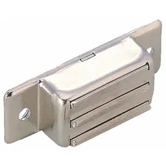 Magnetic push-to-close catch with pull-action release. Stainless steel construction. Height 7/16 in, width 1 9/16 in. Used for securing doors on enclosures, cabinets, and access panels.