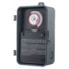 The TORK TU40 is a 24-hour electromechanical timer switch with DPDT contacts, rated for 120-277V AC. It features a resin body and is designed for indoor use. Typical applications include scheduling lighting, HVAC, or process equipment in commercial or industrial settings.