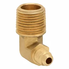 Brass 45-degree flare tube elbow with flared/threaded ends. Connects 1/4 in OD tubing to 1/2 in male pipe thread. Meets SAE J513 standards for use in hydraulic, pneumatic, and lubrication systems requiring leak-resistant flare connections.