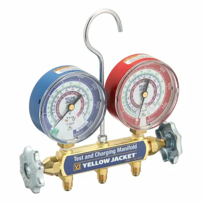YELLOW JACKET Manifold Gauge: 2 Valves, 0 Hoses, Series 41, 3 1/8 in Gauge - Analog Manifolds
