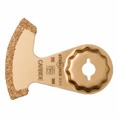Carbide scraper blade with Starlock Max connection, 3 9/16 in width, semi-circular shape. For removing adhesive, paint, caulk, and floor coverings on flat surfaces and in corners with compatible oscillating tools.