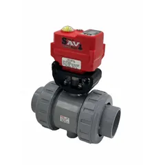 This electrically-actuated two-way ball valve features a CPVC body and full port ball port for on/off flow control of corrosive fluids. It operates on 95 to 265V AC and includes a manual override for backup operation. Suitable for industrial piping systems requiring remote actuation.