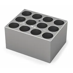 IKA Dry Block: Anodized Aluminum, 3 3/4 in Overall Wd, 3 in Overall Lg, 12 Wells, 19 3/4 mm Well Dia (MPN 4469800). Key specifications — Product Type: Dry Block Heater; Includes Thermometer Well: Yes; Material: Anodized Aluminum; Brand: IKA.