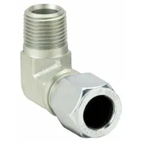 Steel compression fitting elbow from the Ferulok series with 3/4-14 thread size. Flareless bite-type design for connecting tubing to threaded ports in hydraulic and pneumatic systems. Provides a leak-proof metal-to-metal seal