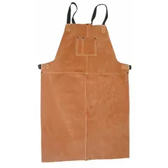 Brown cowhide leather welding bib apron from CONDOR, measuring 36 inches in length and 24 inches in width. Features a fixed buckle closure for secure fit. Provides protection against sparks, spatter, and heat during welding, cutting, and grinding operations.