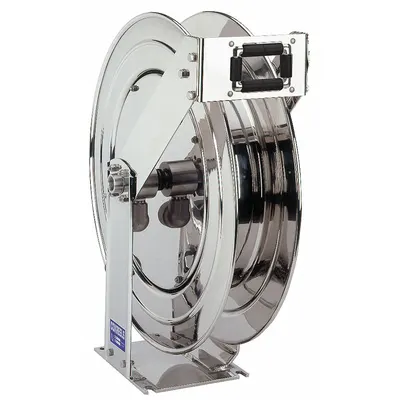 COXREELS Spring Return Hose Reel: 50 ft (3/4 in I.D.), 300 psi Max Op Pressure, Stainless Steel - Corrosion-Resistant Stainless Steel Washdown Spring-Return Hose Reels