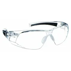 Frameless safety glasses with clear frame and clear lens. Lens features anti-fog, scratch-resistant, and anti-static properties. Padded comfort-fit design for extended wear. Suitable for industrial environments requiring eye protection against impact, fogging, static, and scratches.