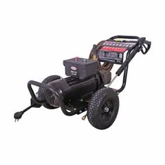 Cold water pressure washer powered by a 230 V single-phase, 3 hp motor delivering 2000 psi at 3 gpm. Features a direct pump drive and gasoline burner fuel, designed for cold water intake only. Suitable for cleaning equipment, machinery, and surfaces in industrial and commercial settings such as fleet maintenance, construction site cleanup, and facility exterior washing.