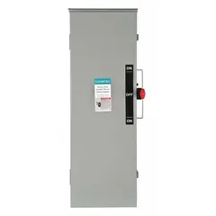 Fusible safety switch rated 100 A, three-phase, 240V AC. Galvanized steel enclosure suitable for indoor and outdoor use. Provides a means to safely disconnect power for maintenance or emergency shutdown in electrical distribution systems.
