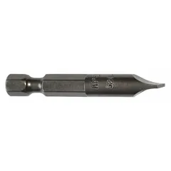 Impact-rated slotted head power bit for driving slotted fasteners with high-torque tools. Constructed from S2 steel with a hex drive. Imperial size 6F-8R. Sold as a 5-pack.