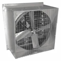 Belt-drive slant-wall exhaust fan with a 36-inch blade driven by a 3/4 hp Totally Enclosed Air Over motor. Delivers 11,420 cfm at 115/230V AC. Galvanized steel frame. Suitable for ventilation in agricultural buildings such as barns and greenhouses.