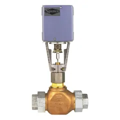 Bronze body electric globe valve with 2-inch FNPT connections. Features a stainless steel disc, 303 stainless steel stem, and brass bonnet. Actuator accepts 4-20 mA input control signal. Used for regulating flow in industrial piping systems.
