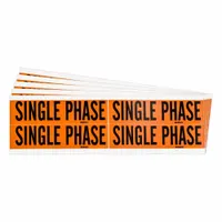 Self-stick vinyl markers for identifying single-phase electrical circuits on conduit or equipment. Each label measures 4 1/8 in wide by 1 1/8 in tall with legend 'Single Phase' and Label Style B. Suitable for indoor or outdoor use in industrial plants, commercial buildings, and utility installations