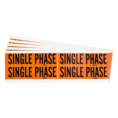 Self-stick vinyl markers for identifying single-phase electrical circuits on conduit or equipment. Each label measures 4 1/8 in wide by 1 1/8 in tall with legend 'Single Phase' and Label Style B. Suitable for indoor or outdoor use in industrial plants, commercial buildings, and utility installations.