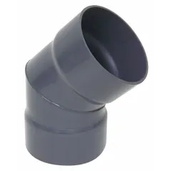This 45° elbow is a 2-piece PVC fitting for 14-inch duct diameter. It has a 14-inch inlet diameter and 20 1/2-inch overall length. Used in ventilation and exhaust systems to change airflow direction by 45 degrees with minimal pressure drop.
