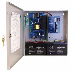 This power supply board with steel enclosure converts 115V AC input to a selectable 12VDC or 24VDC output at 6A. It is used in access control and security systems to power door locks, card readers, and other low-voltage devices.
