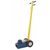 This truck axle jack has a 20-ton load capacity and a 9-inch minimum lift. It features a steel body and is actuated by a manual handle with air/hydraulic operation. Suitable for lifting heavy vehicles and equipment in automotive repair, fleet maintenance, and industrial shops