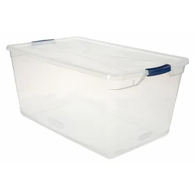RUBBERMAID Storage Tote: 23.8 gal, 29 in x 17 3/4 in x 13 1/4 in, Clear Body, Clear Lid - Clearview Totes with Latch-On Lids