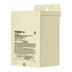 Steel-enclosed transformer for low-voltage landscape, pool, and spa lighting. Accepts 120V AC input and provides 12V AC output with additional 13V AC and 14V AC taps. Beige finish. 300W maximum power consumption.
