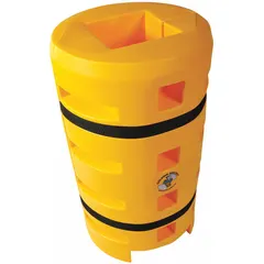 Yellow LLDPE column protector with square center for columns 8 to 10 inches. Fits H-beam, round, and square profiles. Shields structural columns from impact damage in industrial settings.