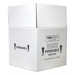 This insulated shipping container consists of a white cardboard outer box with a 2-inch-thick Styrofoam insert. It is used for temperature-sensitive shipments requiring thermal protection during transit.