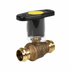 This brass ball valve features a full port design for minimal pressure drop. The straight body with press x press connections allows for easy installation. A locking lever handle provides secure on/off flow control, suitable for water, oil, and gas applications in commercial and industrial piping systems.