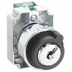 This panel-mounted key switch features a 22 mm mounting size and 2-position operation. It has a maintained/momentary switch action with a 1NO contact form and key removal in the left position. Suitable for industrial control panels and equipment requiring key-operated access restriction.